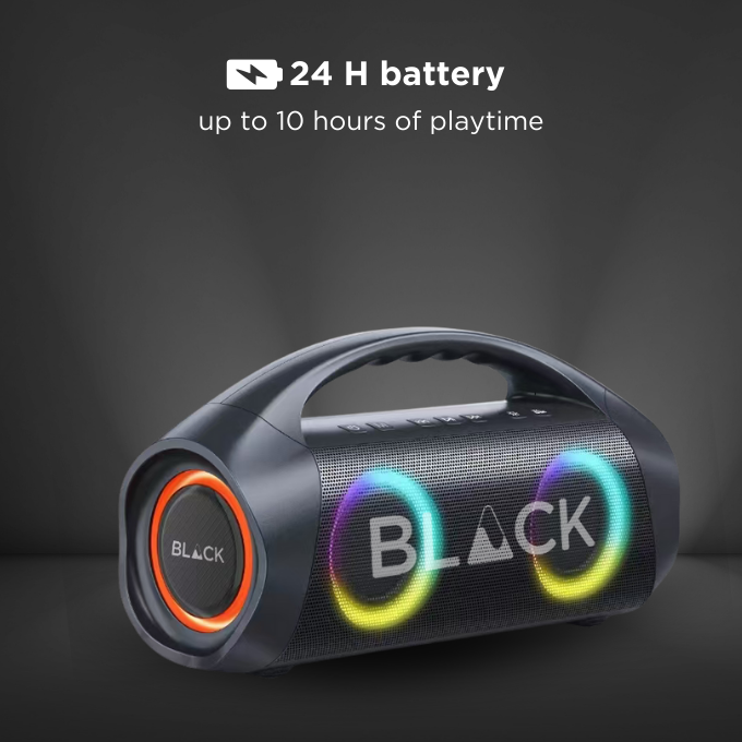 BLACK BassBoom Wireless Bluetooth Speaker, 80W, Optional Microphone, Up to 10H Playtime, 1 Yr Warranty BLACK BassBoom Wireless Bluetooth Speaker, 80W, Optional Microphone, Up to 10H Playtime, 1 Yr Warranty